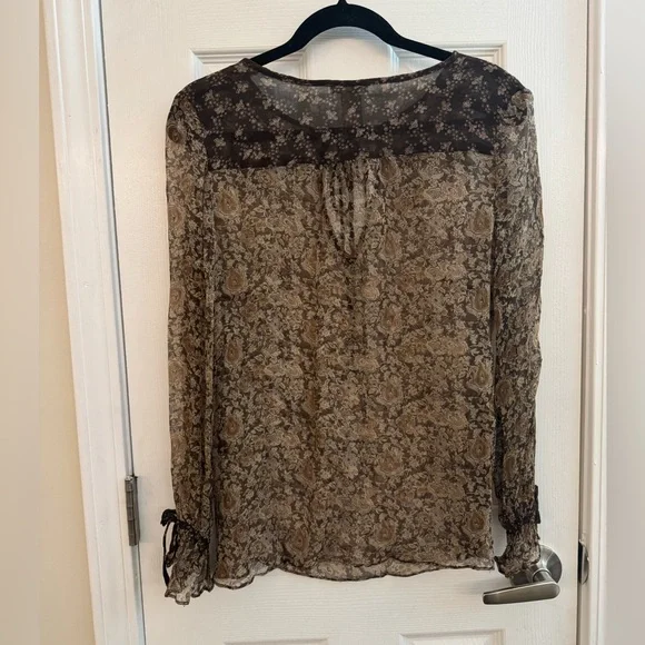 CALME By Johnny Was 100% Silk Sheer Brown Abstract Print Blouse Size Medium